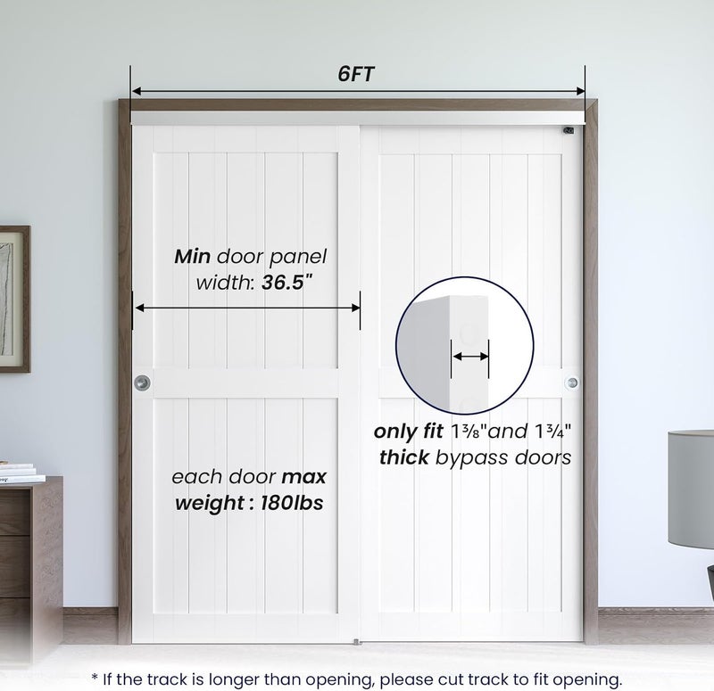 SMARTSTANDARD 72"/6FT Bypass Sliding Door Hardware Kit for Cabinet Closet, Aluminum Alloy Door Hardware with Finger Pull, for 2 Door System, Smoothly and Quietly, Fit 36.5" Wide Door Panel, No Door - Image 2